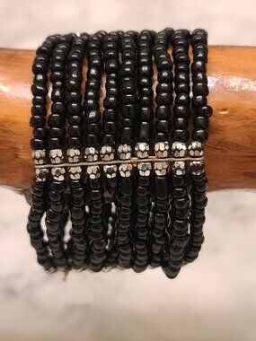 Black and Silver Beaded multistrand stretch bracelet 10 strands whimsy Boho